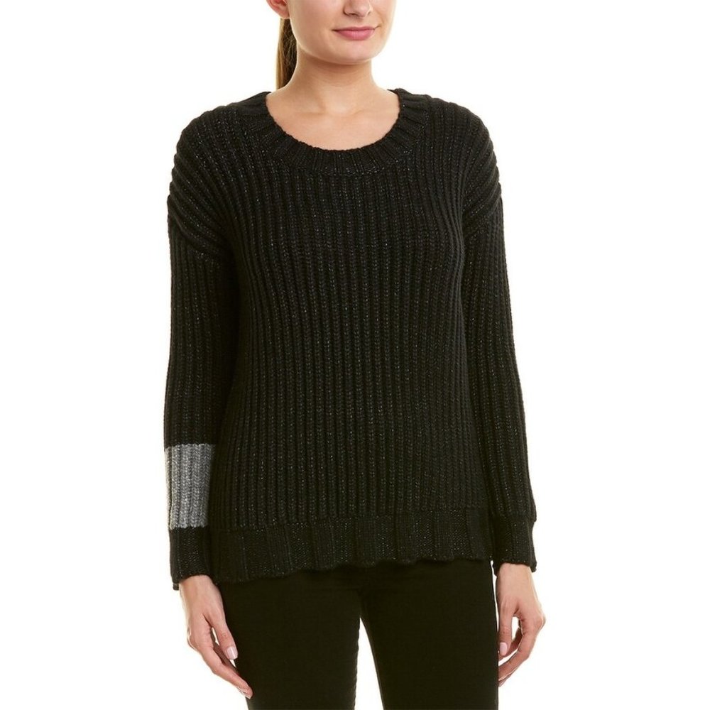James Perse Black Scoop Neck Rib Sweater with Silver Cuff Detail